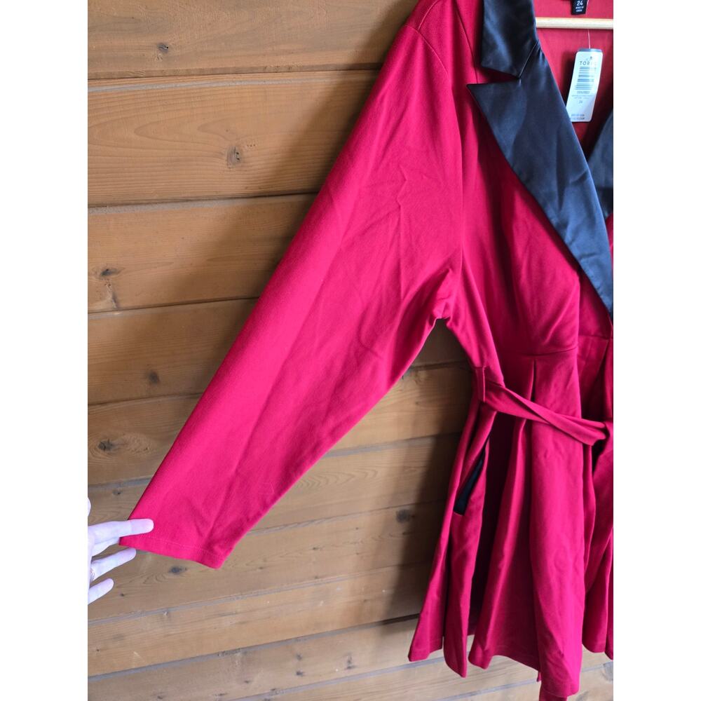 Torrid Tuxedo Dress Mini Skater Jester Red NWT 24 Vneck Satin Long Sleeve Belted - Picture 5 of 6
